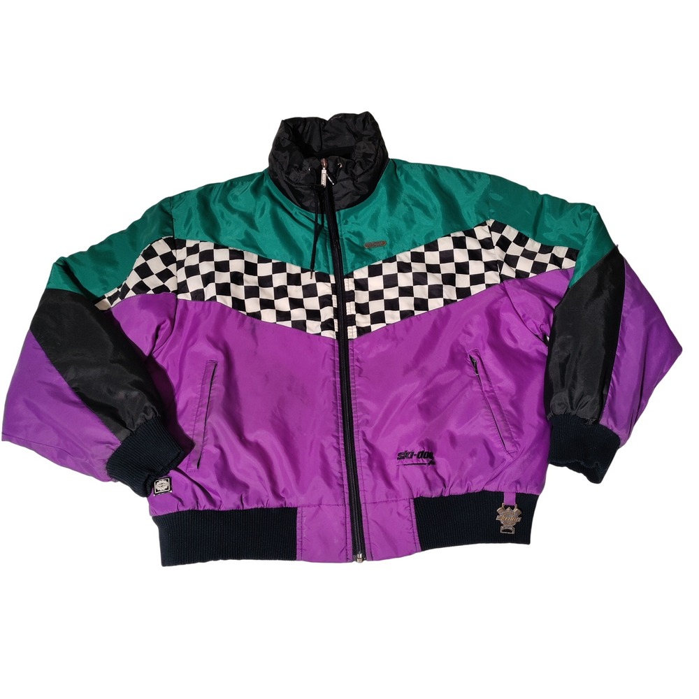Ski-Doo Sno Gear Bomber Jacket Purple Teal Checkered Racing Mens XL (?) Vtg
